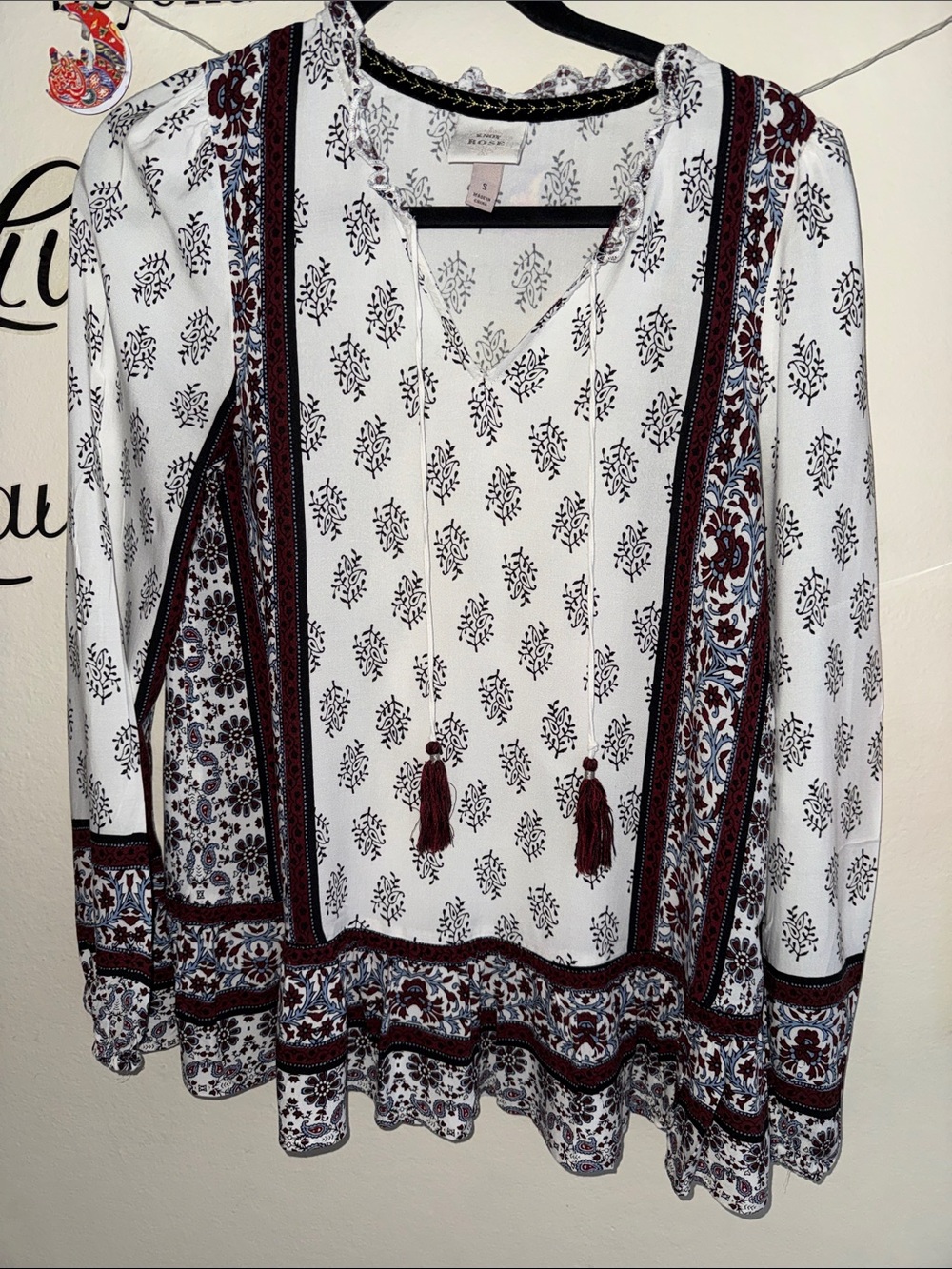 Knox Rose White Tunic Top with Burgundy and Navy Border Print